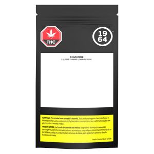1964 Comatose 3.5g cannabis flower package with black pouch and THC warning label