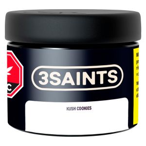 3Saints Kush Cookies cannabis flower jar with black container and THC label