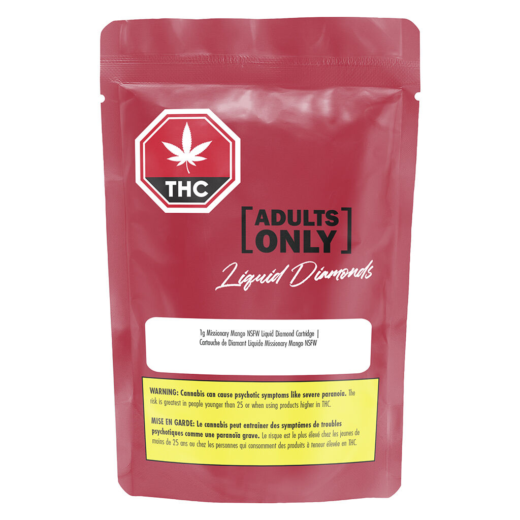 Adults Only Missionary Mango NSFW liquid diamonds 1g 510 vape cartridge packaging with THC symbol