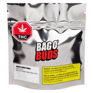 Big Bag O’ Buds Purple Cherry Punch 3.5g cannabis flower package with THC label