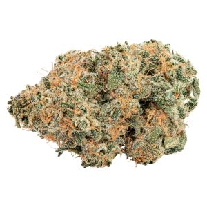 Premium cannabis flower bud with dense trichomes and orange pistils