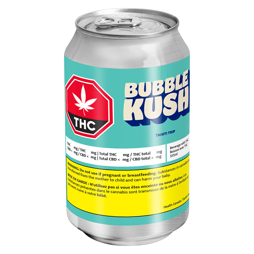 Bubble Kush Tahiti Trip THC cannabis beverage can with tropical themed label