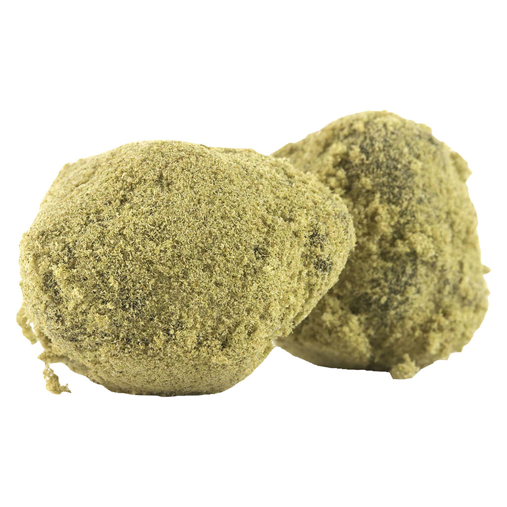 Close-up of Dab Bods Blue Lobster Moon Rocks coated in kief with dense, resin-rich texture.