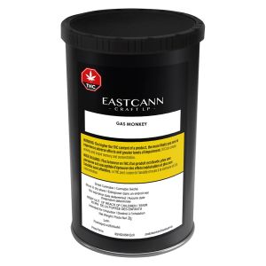 Eastcann Gas Monkey 28g cannabis flower container with black jar and THC label
