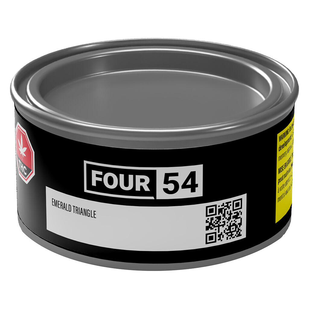 FOUR54 Emerald Triangle cannabis product in black container with THC symbol