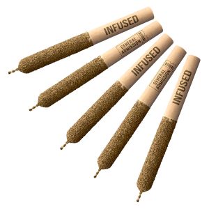 General Admission infused pre-roll joints coated in kief, labeled “INFUSED,” designed for a high-potency smoking experience