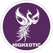 HighXotic cannabis brand logo featuring a white phoenix on a purple circular background