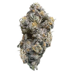 Premium cannabis flower bud with dense trichomes and frosty coating