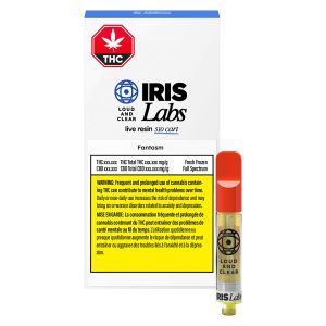 Iris Labs Fantasm live resin 510 vape cartridge with packaging and red mouthpiece