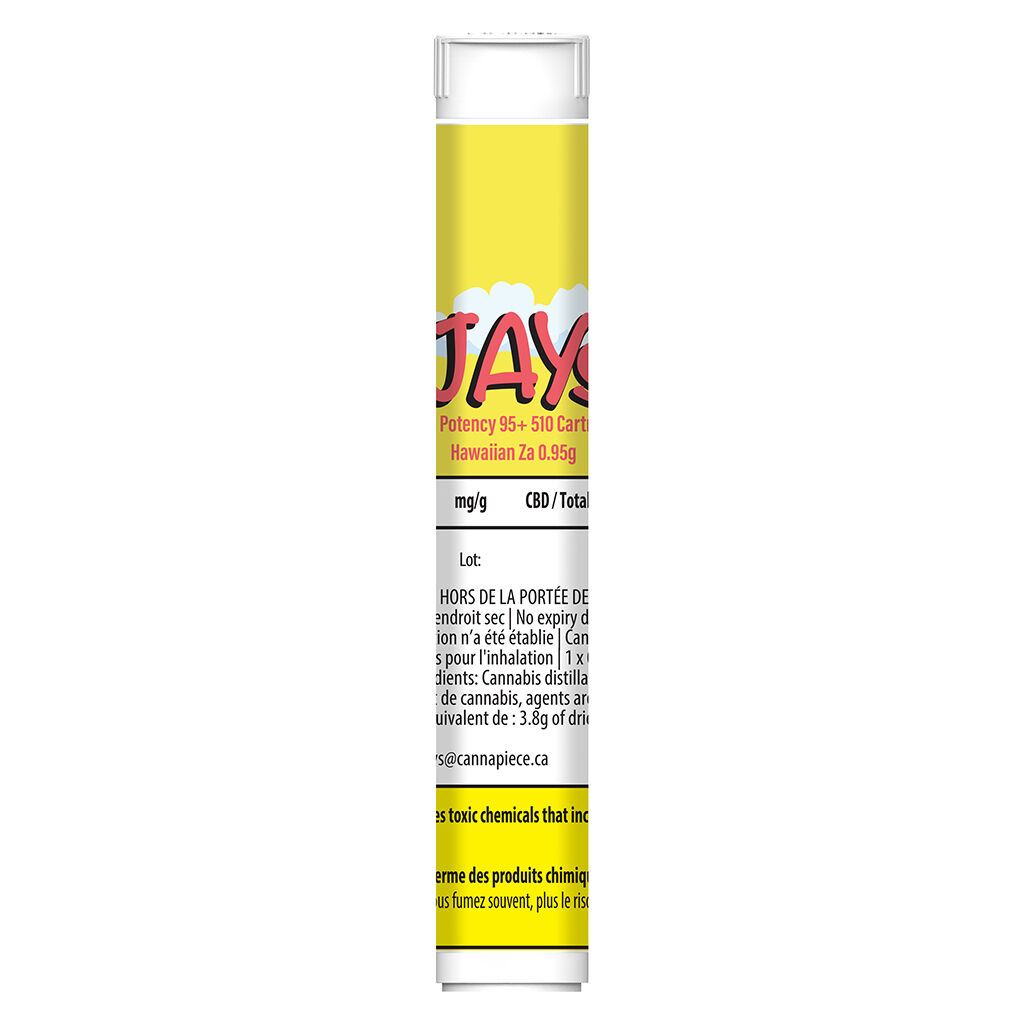 JAYS Hawaiian Za 0.95g 510 thread vape cartridge with yellow label and clear mouthpiece