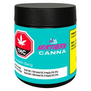Northern Canna Pineapple Bang cannabis flower jar with THC label and teal packaging