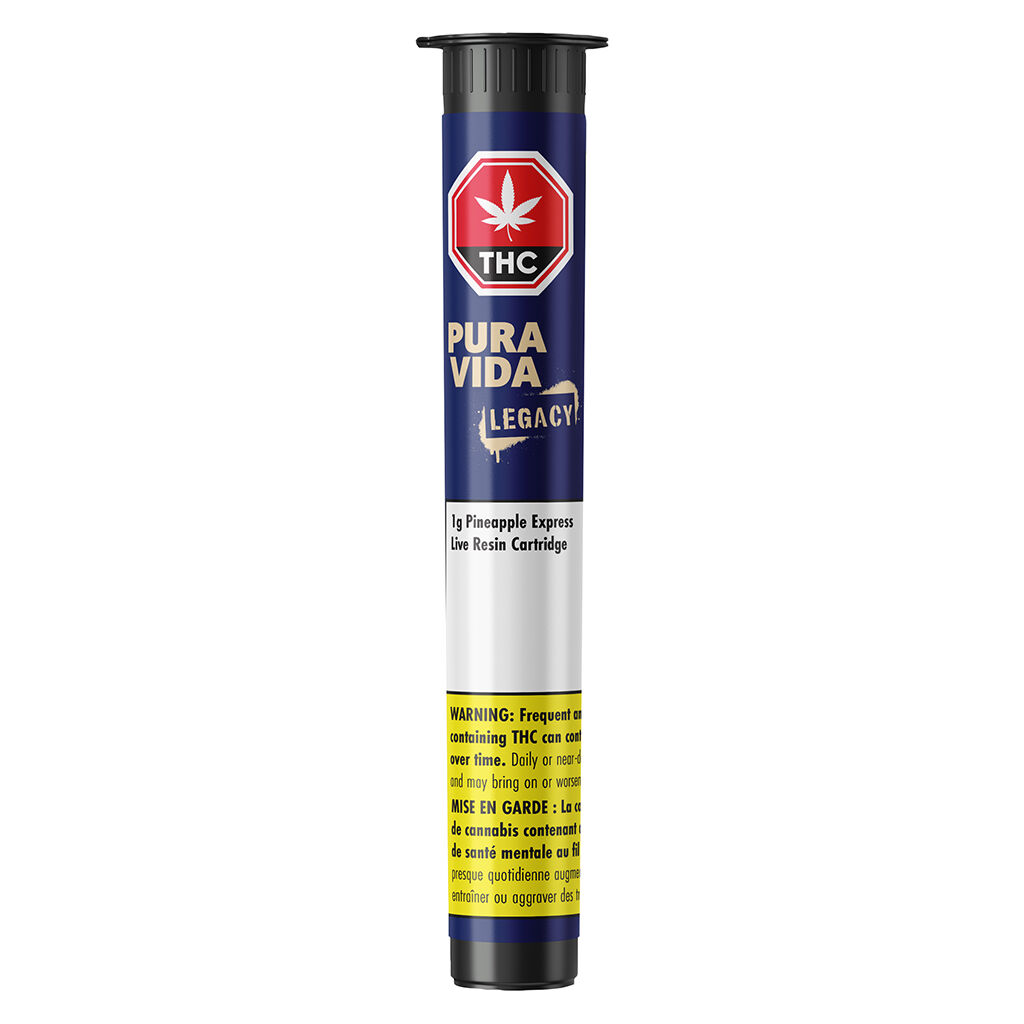 Pura Vida Legacy Pineapple Express 1g live resin 510 cartridge with THC symbol