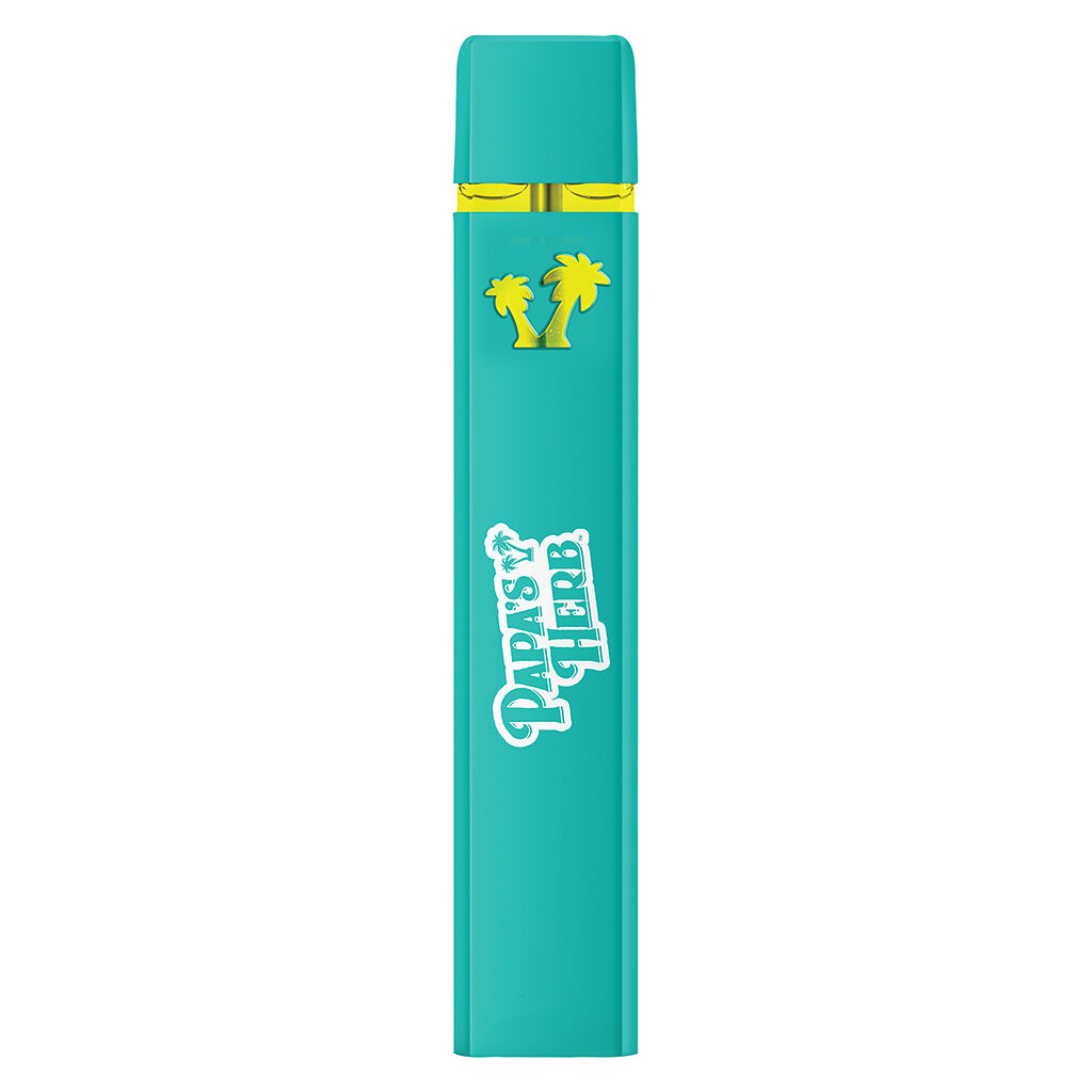Papa’s Herb all-in-one cannabis vape device in teal with palm tree logo