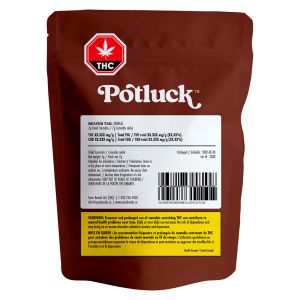 Potluck Beaver Tail 7g cannabis flower package with brown pouch and THC warning label