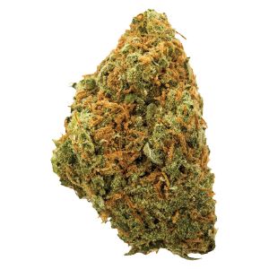 Moose Tracks cannabis flower close-up showing dense green buds with orange pistils and frosty trichomes