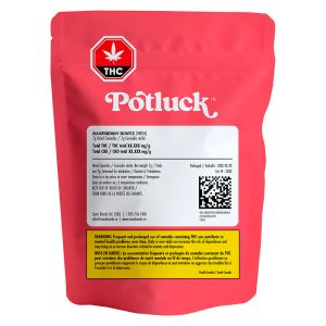 Potluck Raspberry Runtz 7g cannabis packaging with THC symbol and dried flower label
