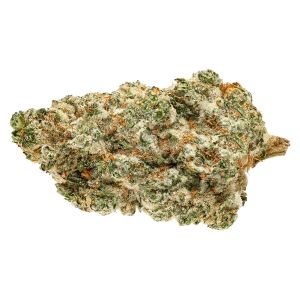 Close-up of Pure Sunfarms Kush God dried cannabis flower featuring dense, frosty buds with light green hues and bright orange pistils.