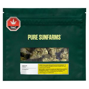 Pure Sunfarms Kush God 28g dried cannabis flower package with high THC indica strain from British Columbia