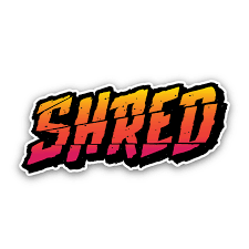 SHRED cannabis brand logo with bold gradient text in red, orange, and yellow