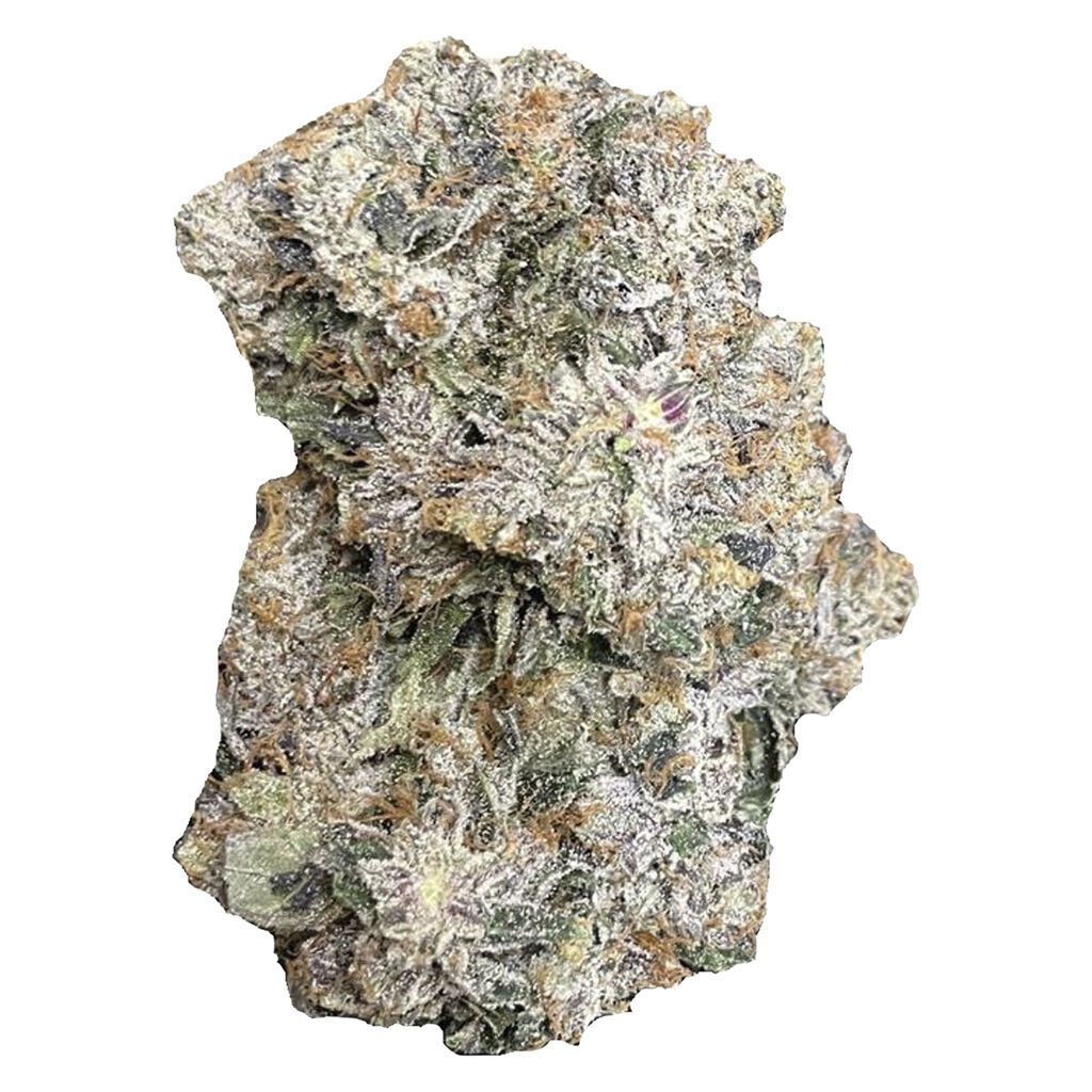 Close-up of Space Bros 6ix Pink dried cannabis flower showing dense, frosty buds with light green and purple hues and bright orange pistils.