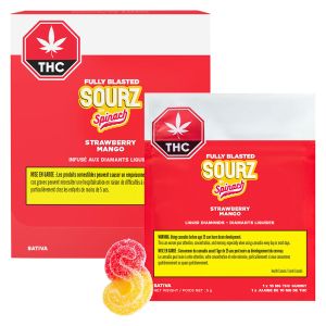 Spinach SOURZ Fully Blasted Strawberry Mango THC gummies packaging with red design and fruit gummies