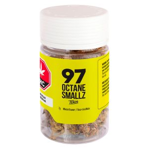 Tenzo 97 Octane Smallz 7g cannabis flower jar with yellow label and THC symbol