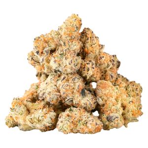 Close-up of Tenzo 97 Octane dried cannabis flower featuring dense, frosty buds with light green tones, purple accents, and bright orange pistils.