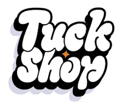 Tuck Shop logo with bold white bubble lettering and black outline