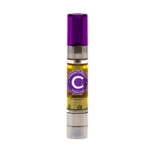 510 thread vape cartridge with purple mouthpiece and clear oil chamber