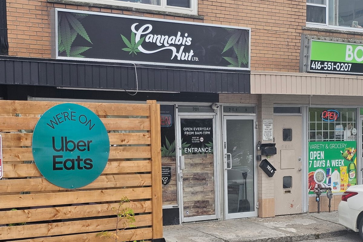 Entrance to the Cannabis Hut cannabis store at 701 Lawrence Ave W, North York